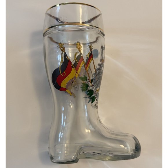 Deutschland German Qualitat WS Hand Made Glass Drinking Boot Gold Rimmed 8” - Picture 1 of 14